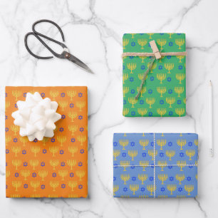Gold Menorahs + Blue Stars Wrapping Paper Sheet