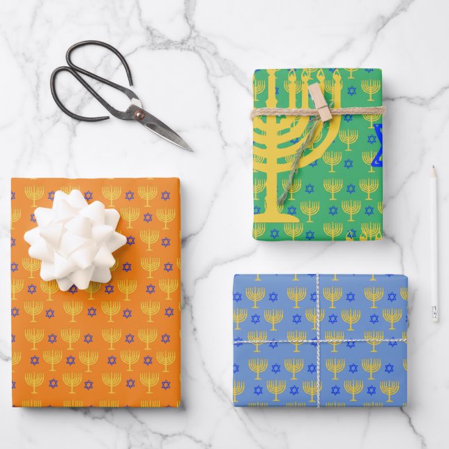 Gold Menorahs + Blue Stars Wrapping Paper Sheets (Front)