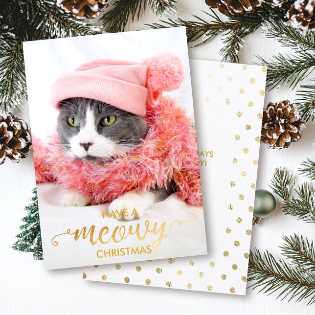 Gold MEOWY Personal Cat Photo Pet Holiday Card (Creator Uploaded)