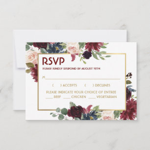 Gold Merlot Blue Floral Wedding Response Card