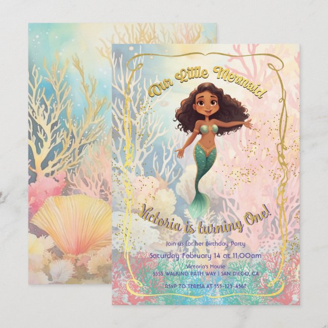 Gold Mermaid BIrthday Party under the sea Invitation (Front/Back)
