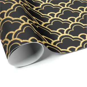 Gold Mermaid Black Scales Art Deco Seashell Lux Wrapping Paper