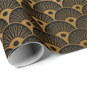 Gold Mermaid Black Scales Art Deco Seashells Wrapping Paper