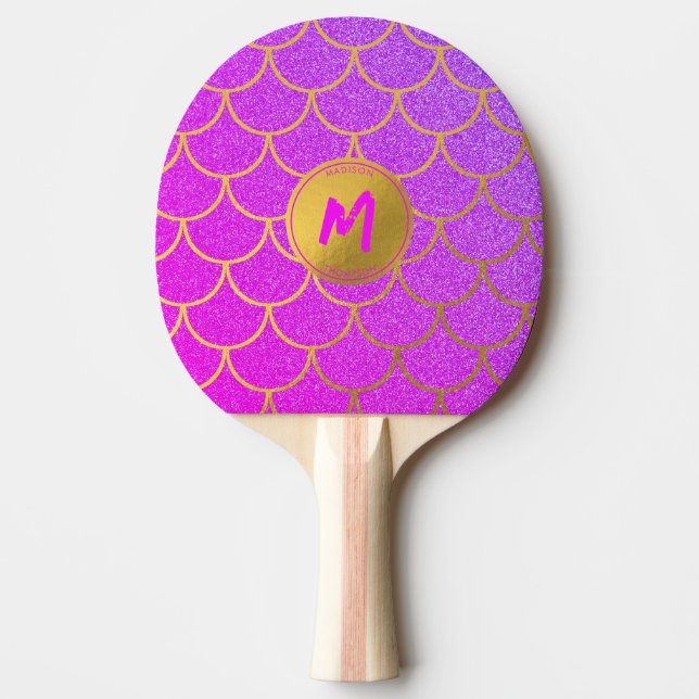 Gold Mermaid Pink Glitter Monogram Table Tennis Ping Pong Paddle (Front)