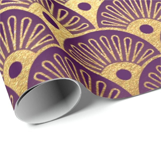 Gold Mermaid Plum Purple Plum Scales Art Deco Shel Wrapping Paper (Roll Corner)