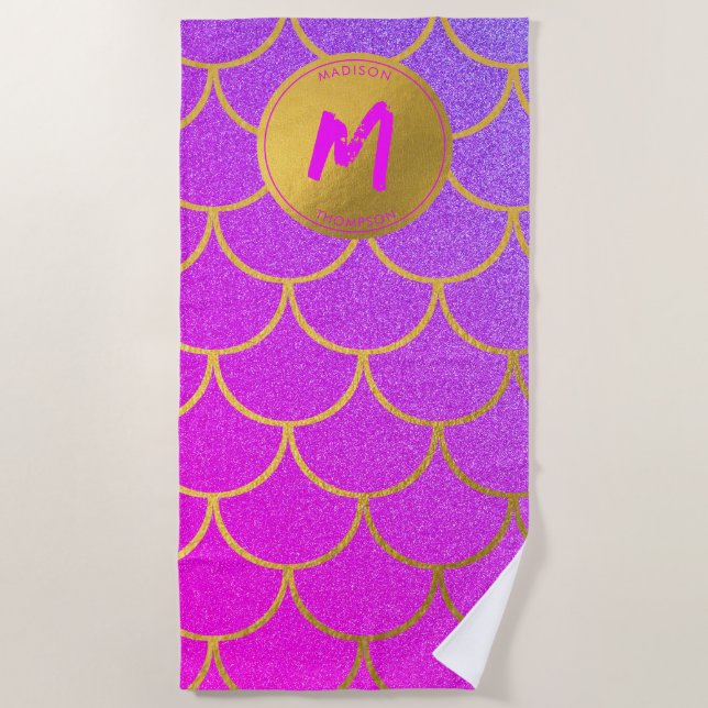 Gold Mermaid Scales Pink Glitter Pattern Monogram Beach Towel (Front)