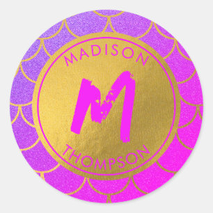 Gold Mermaid Scales Pink Glitter Pattern Monogram Classic Round Sticker