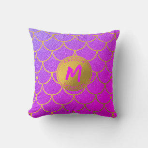 Gold Mermaid Scales Pink Glitter Pattern Monogram Cushion