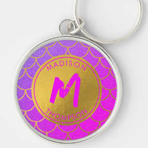 Gold Mermaid Scales Pink Glitter Pattern Monogram Key Ring
