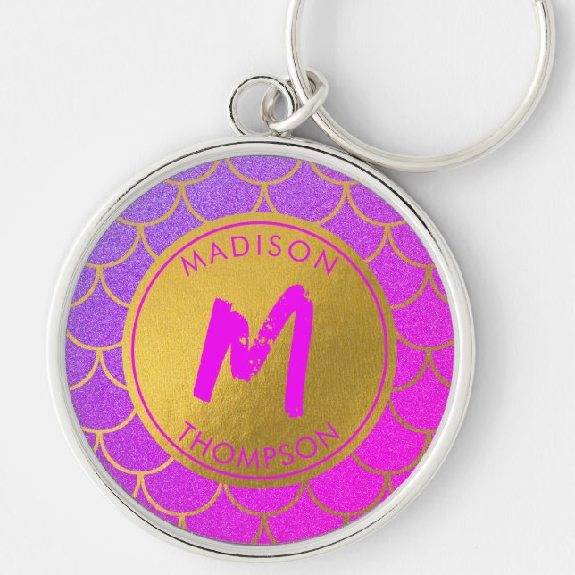 Gold Mermaid Scales Pink Glitter Pattern Monogram Key Ring (Front)