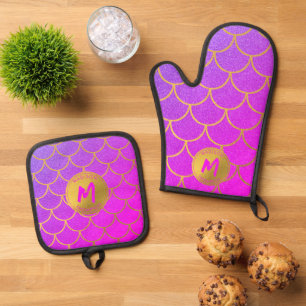 Gold Mermaid Scales Pink Glitter Pattern Monogram Oven Mitt & Pot Holder Set