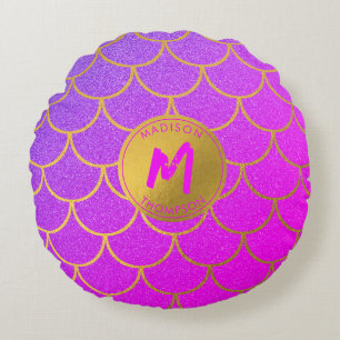 Gold Mermaid Scales Pink Glitter Pattern Monogram  Round Cushion