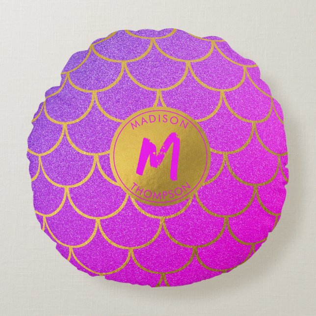 Gold Mermaid Scales Pink Glitter Pattern Monogram  Round Cushion (Front)