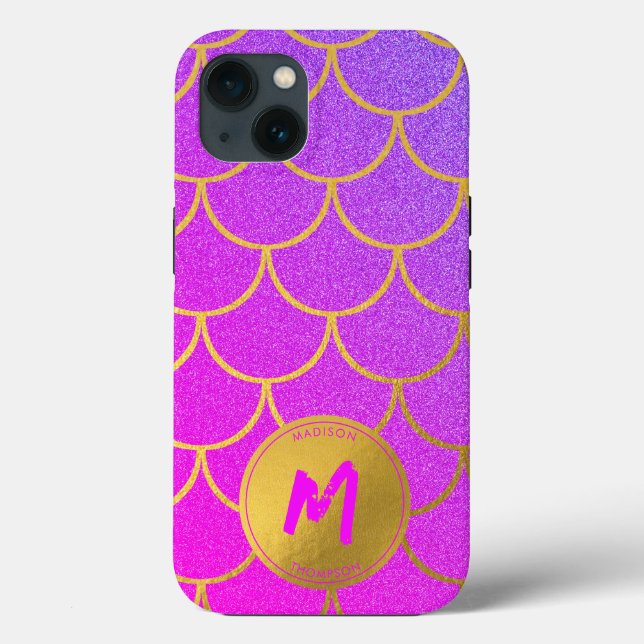 Gold Mermaid Scales Pink Pattern Monogram Case-Mate iPhone Case (Back)
