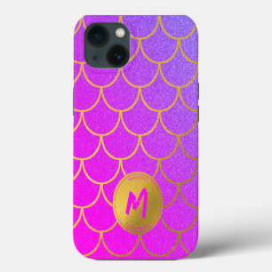 Gold Mermaid Scales Pink Pattern Monogram iPhone 13 Case