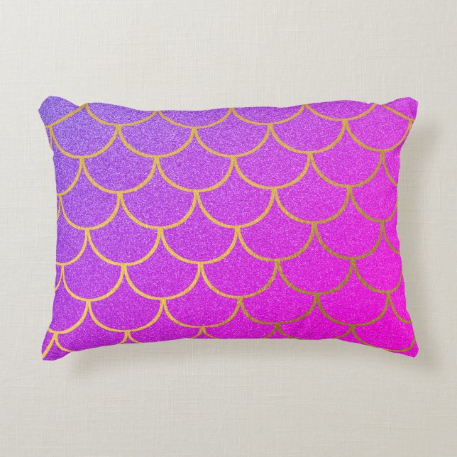 Gold Mermaid Scales Pink Purple Glitter Decorative Cushion (Front)