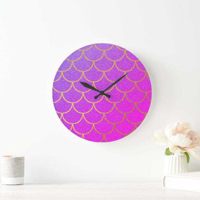 Gold Mermaid Scales Pink Purple Glitter Large Clock (Home)