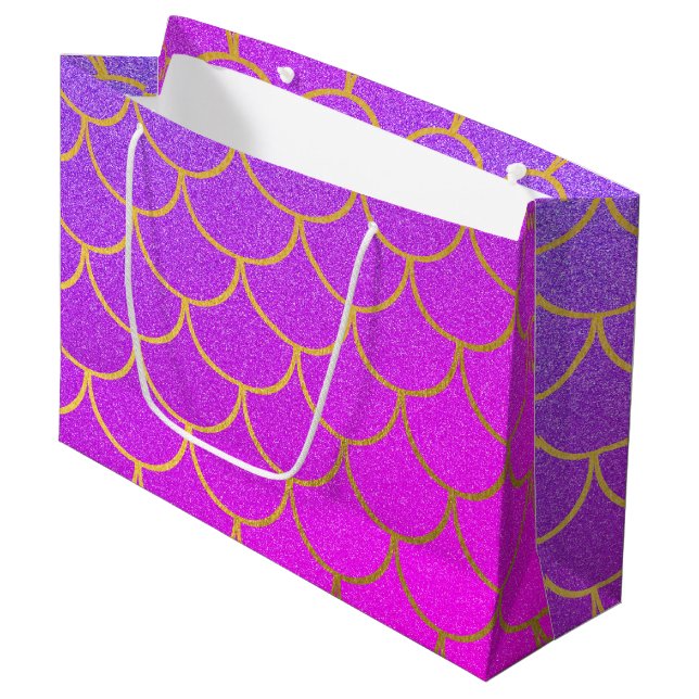 Gold Mermaid Scales Pink Purple Glitter  Large Gift Bag (Front Angled)