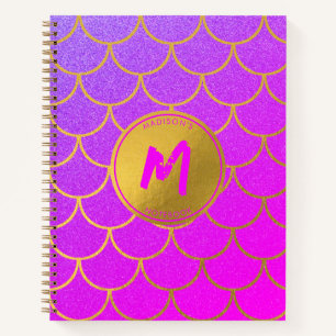 Gold Mermaid Scales Pink Purple Glitter Monogram Notebook