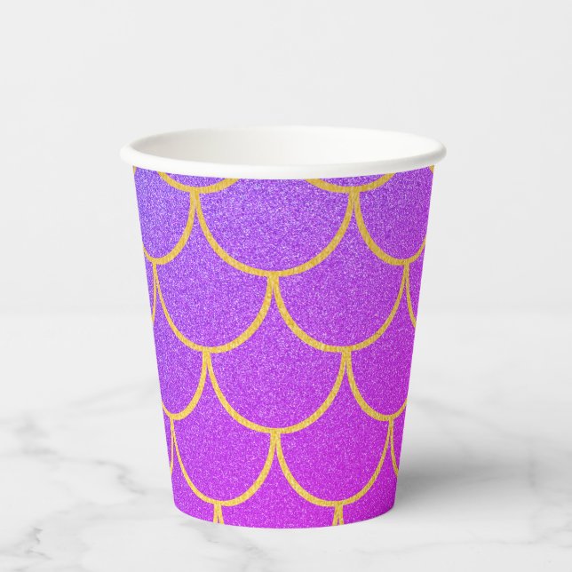 Gold Mermaid Scales Pink Purple Glitter  Paper Cups (Front)