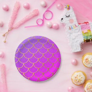 Gold Mermaid Scales Pink Purple Glitter Paper Plate
