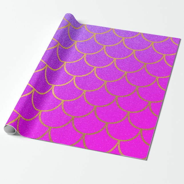Gold Mermaid Scales Pink Purple Glitter Wrapping Paper (Unrolled)