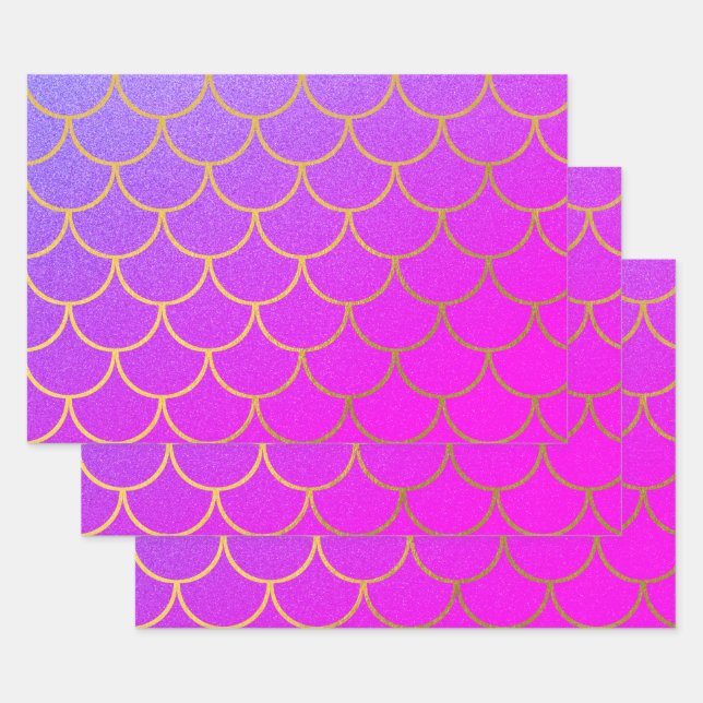 Gold Mermaid Scales Pink Purple Glitter  Wrapping Paper Sheet (Set)