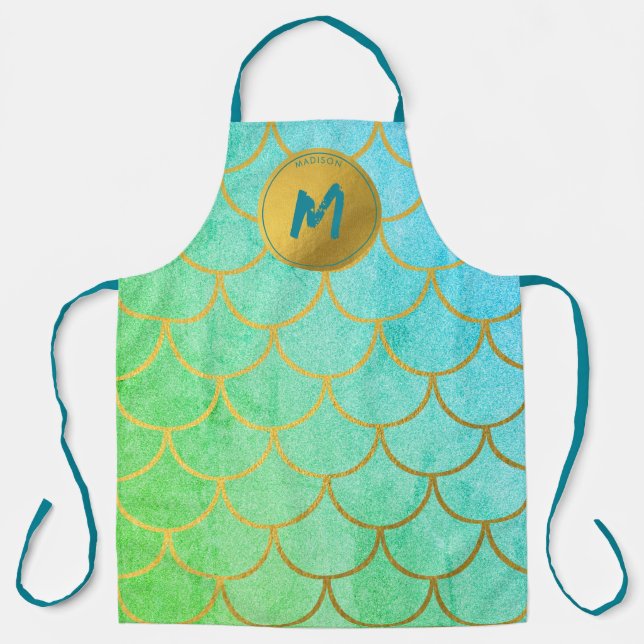 Gold Mermaid Scales Teal Glitter  Pattern Monogram Apron (Front)
