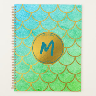Gold Mermaid Scales Teal Glitter Pattern Monogram Planner