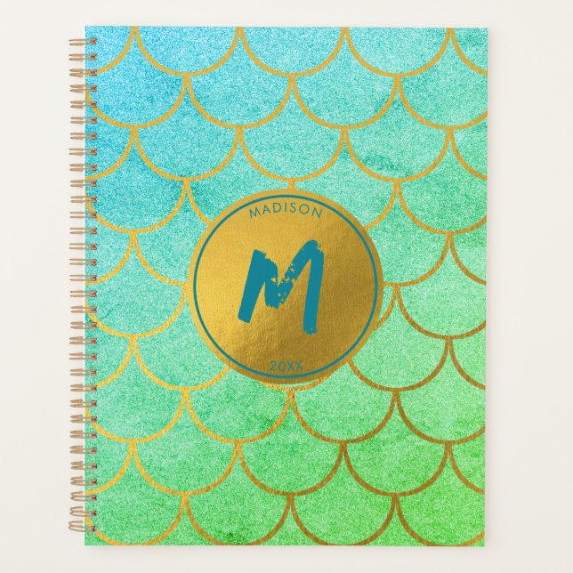 Gold Mermaid Scales Teal Glitter Pattern Monogram Planner (Front)