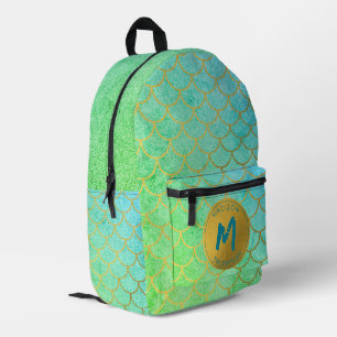 Gold Mermaid Scales Teal Glitter  Pattern Monogram Printed Backpack