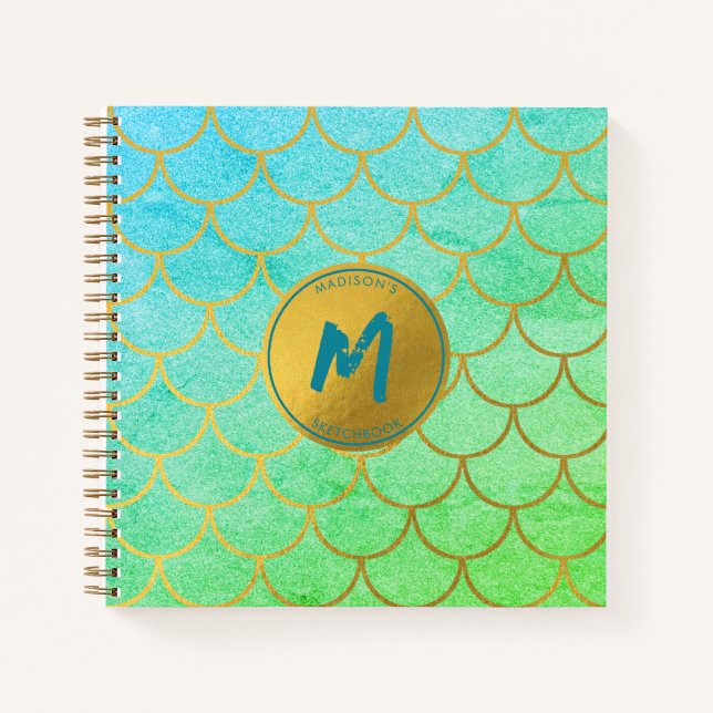 Gold Mermaid Scales Teal Glitter Sketchbook Notebook (Front)
