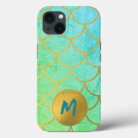 Gold Mermaid Scales Teal Pattern Monogram