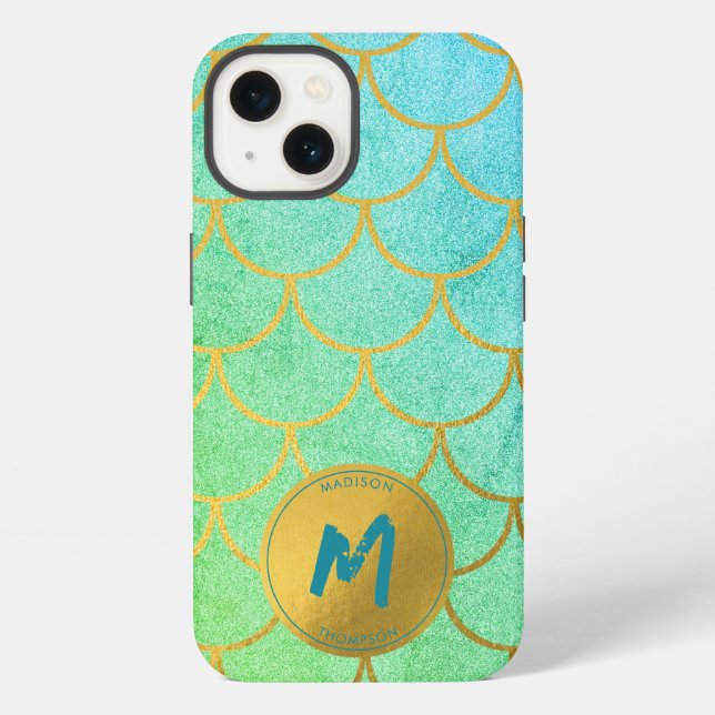 Gold Mermaid Scales Teal Pattern Monogram iPhone Case (Back)