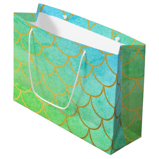 Gold Mermaid Scales Teal Turquoise Glitter Large Gift Bag (Front Angled)