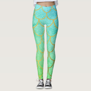Gold Mermaid Scales Teal Turquoise Glitter  Leggings