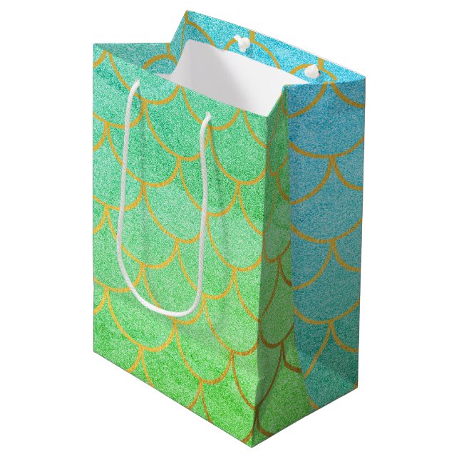 Gold Mermaid Scales Teal Turquoise Glitter Medium Gift Bag (Front Angled)