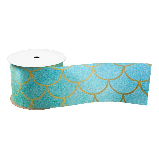 Gold Mermaid Scales Teal Turquoise Glitter Satin Ribbon (Spool)