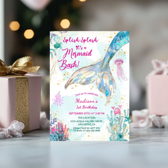 Gold Mermaid Tail Girl 1st Birthday Party Invitation (Mermaid Tale Gold Turquoise 1st Birthday Girl Party Invitation)