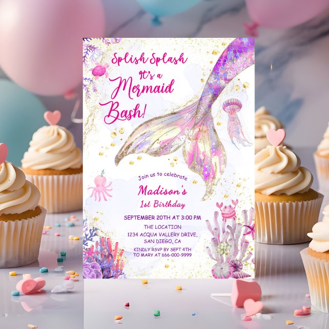 Gold Mermaid Tail Pink Purple 1st Birthday Party Invitation (Gold Mermaid Tale pink purple 1st Birthday Girl Party Invitation)