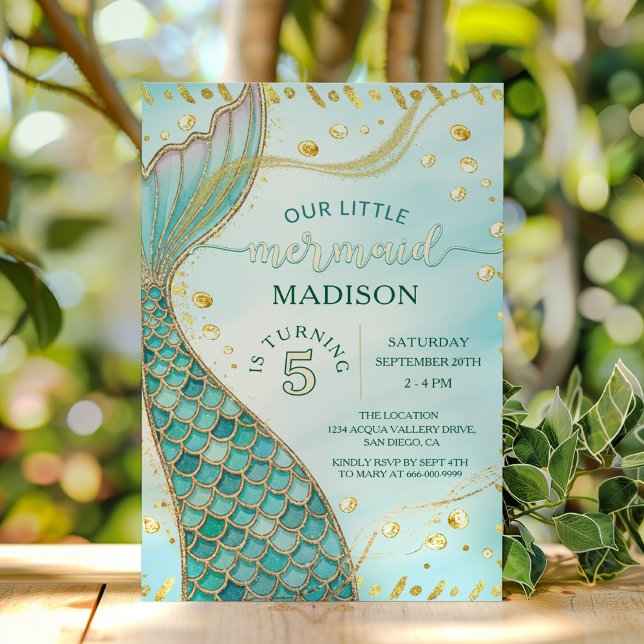 Gold Mermaid Under The Sea Girl Birthday Party Invitation (Gold Mermaid Under the sea girl birthday party invitation)