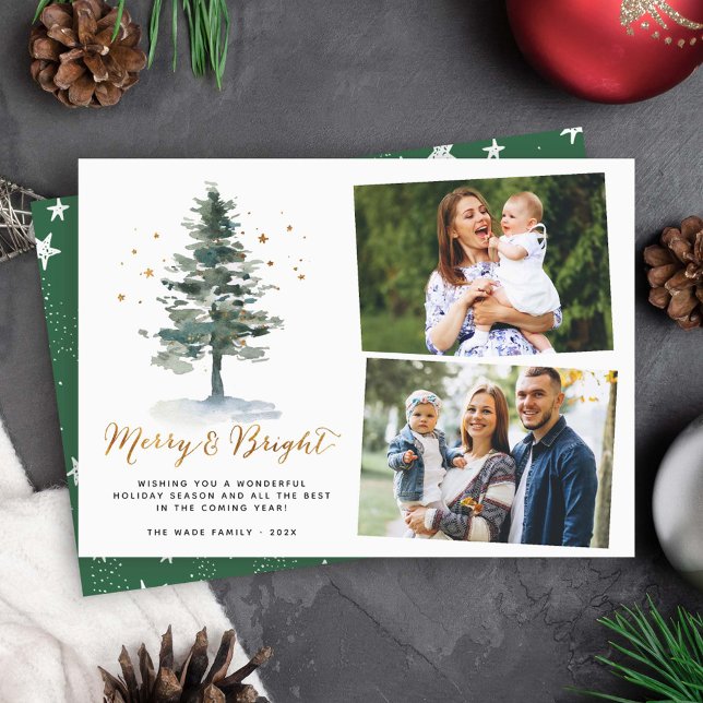 Gold Merry and Bright Christmas Tree Dual Photo Holiday Card (Creator Uploaded)