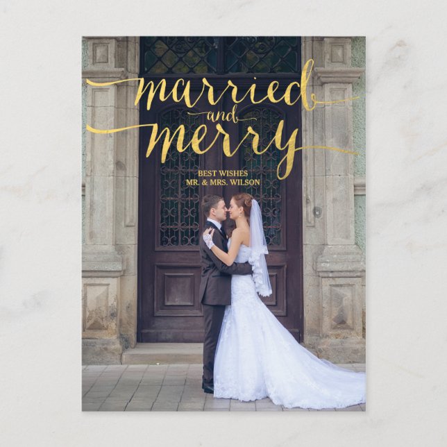Gold Merry and Married 2 | Holiday Photo Postcard (Front)