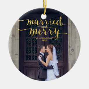 Gold Merry and Married Newlyweds Holiday Photo Ceramic Tree Decoration