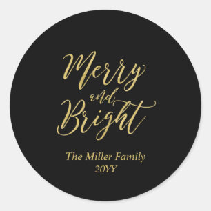 Gold Merry & Bright Christmas Holiday Sticker