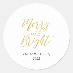 Gold Merry & Bright Christmas Holiday Sticker