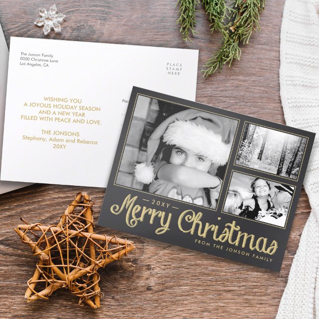 Gold Merry Christmas 3 Photo Modern Postcard (Creator Uploaded)