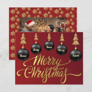 Gold Merry Christmas Black Ornaments family Photo Holiday Card