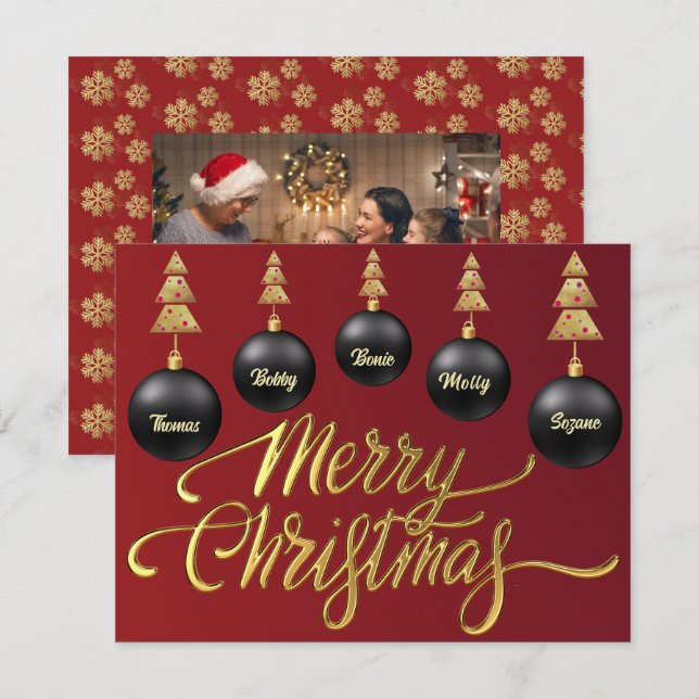 Gold Merry Christmas Black Ornaments family Photo  Holiday Card (Front/Back)