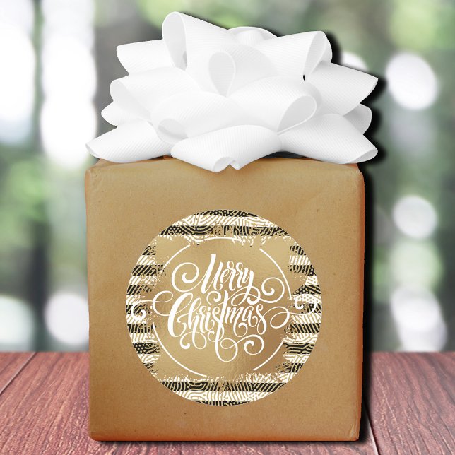 Gold Merry Christmas Black White Stripes Classic Round Sticker (Creator Uploaded)